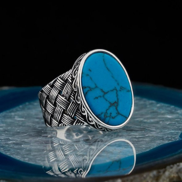 Oval Firuze Taşlı Örgü Desenli Erkek Gümüş Yüzük ürün görseli