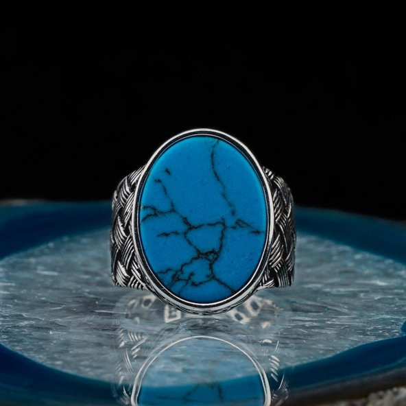 Oval Firuze Taşlı Örgü Desenli Erkek Gümüş Yüzük - Resim 2