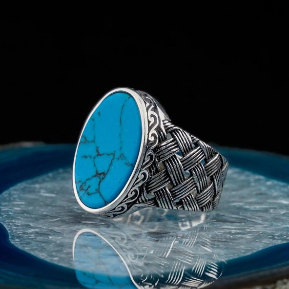 Oval Firuze Taşlı Örgü Desenli Erkek Gümüş Yüzük - Resim 3