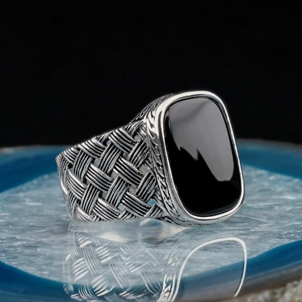 Dikdörtgen Oniks Taşlı Örgü Desenli Erkek Gümüş Yüzük ürün görseli 1