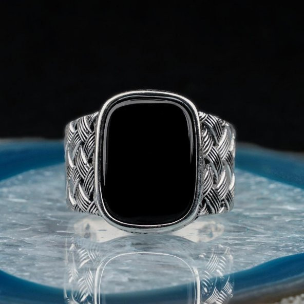 Dikdörtgen Oniks Taşlı Örgü Desenli Erkek Gümüş Yüzük - Resim 2