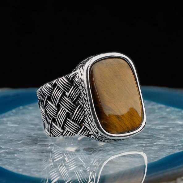 Dikdörtgen Kaplan Gözlü Taşlı Örgü Desenli Erkek Gümüş Yüzük ürün görseli