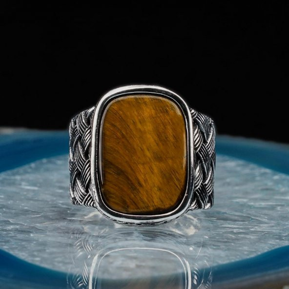 Dikdörtgen Kaplan Gözlü Taşlı Örgü Desenli Erkek Gümüş Yüzük - Resim 2