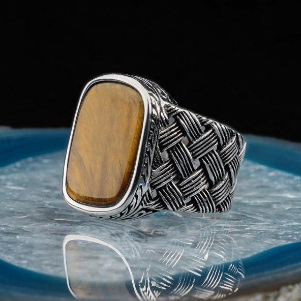 Dikdörtgen Kaplan Gözlü Taşlı Örgü Desenli Erkek Gümüş Yüzük - Resim 3