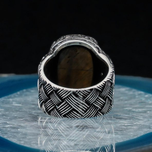 Dikdörtgen Kaplan Gözlü Taşlı Örgü Desenli Erkek Gümüş Yüzük - Resim 4