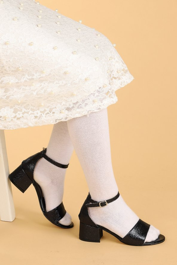 Kiko Kids 769 Kum Simli Günlük Kız Çocuk 4 Cm Topuklu Sandalet Ayakkabı Siyah