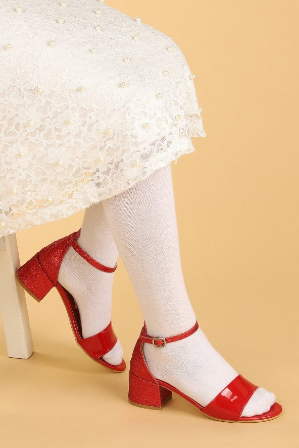 Kiko Kids 768 Ayna Kum Günlük Kız Çocuk 3 Cm Topuklu Sandalet Ayakkabı Kırmızı