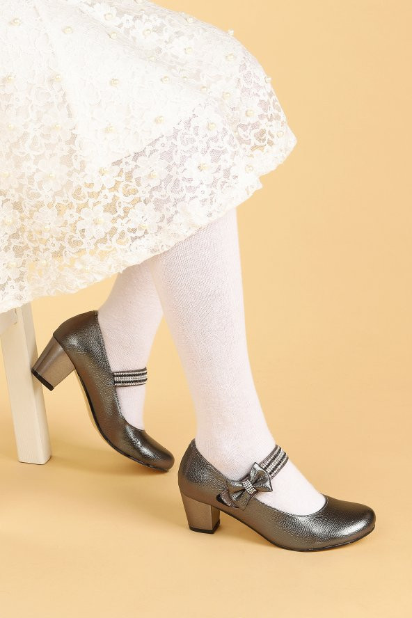 Kiko Kids 752 Vakko Günlük Kız Çocuk 4 Cm Topuklu Babet Ayakkabı Platin