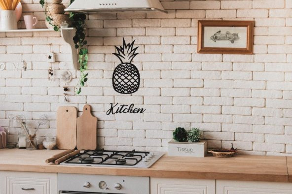 Ananas Duvar Dekoru + Kitchen Yazısı Duvar Süsü Ananas Tablosu