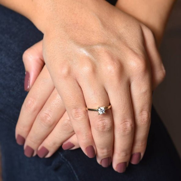 Sarı Altın Tektaş Yüzük Badem Montür - 2