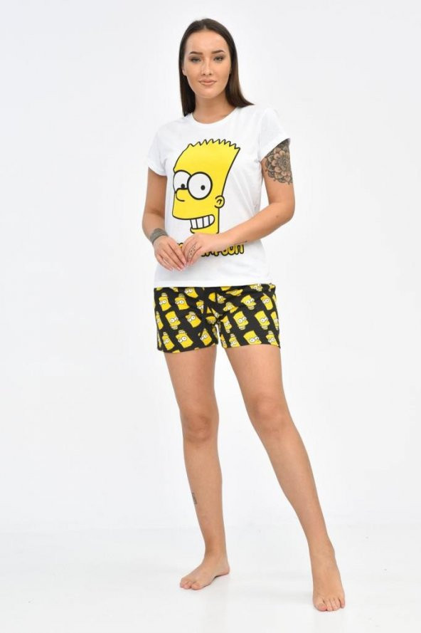 Baskılı Beyaz Tişört ve Siyah Şortlu Kadın Pijama Takım - 2