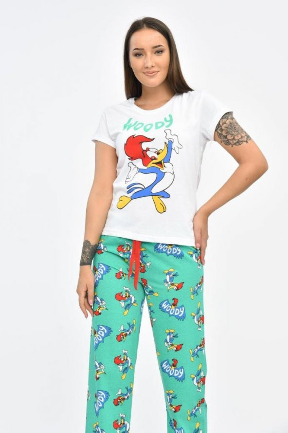 Baskılı Beyaz Tişört ve Turkuaz Pantolonlu Kadın Pijama Takım - 3