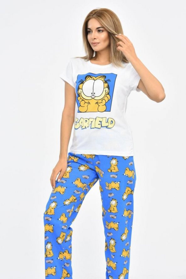Baskılı Beyaz Tişört ve Mavi Pantolonlu Kadın Pijama Takım - 3