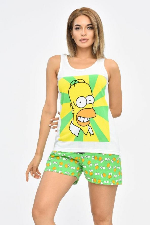 Baskılı Beyaz Atlet ve Yeşil Şortlu Kadın Pijama Takım - 3