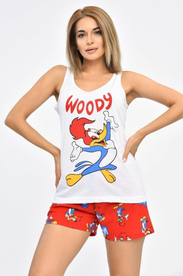 Kırmızı Baskılı Beyaz Atletli Kırmızı Şortlu Kadın Pijama Takım - 3