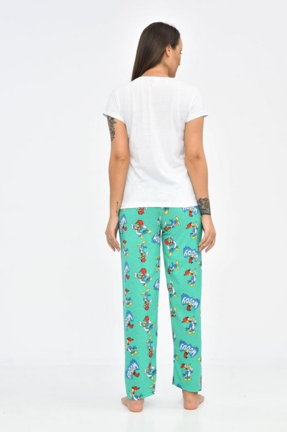Baskılı Beyaz Tişört ve Turkuaz Pantolonlu Kadın Pijama Takım - 4