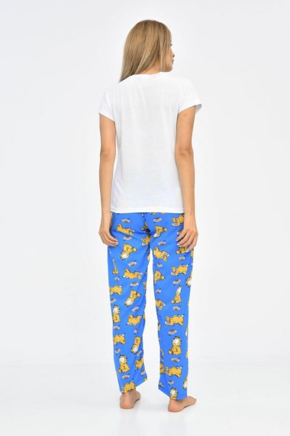 Baskılı Beyaz Tişört ve Mavi Pantolonlu Kadın Pijama Takım - 4