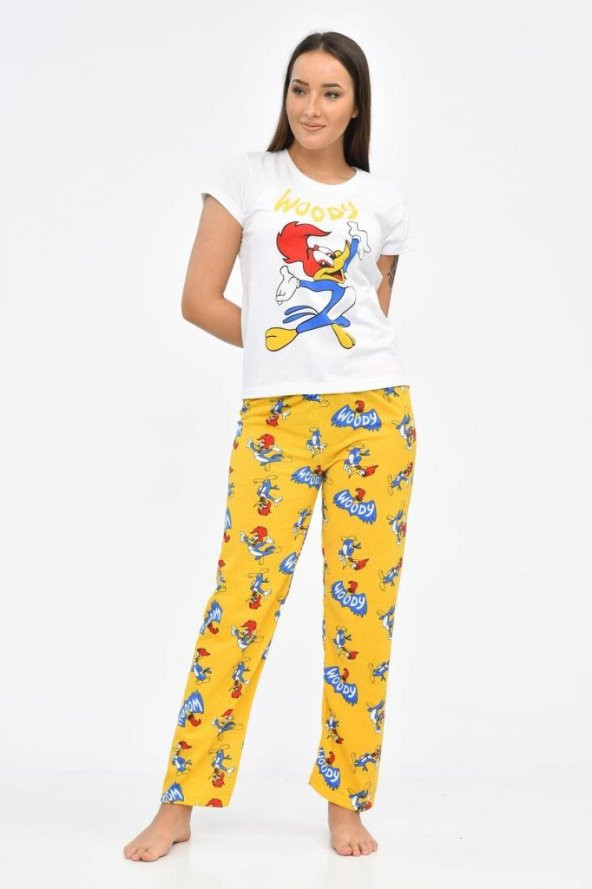 Baskılı Beyaz Tişört ve Hardal Pantolonlu Kadın Pijama Takım - 2