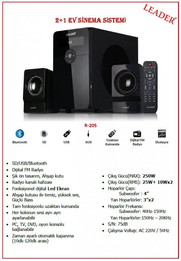 Leader 2+1 Ev Sinema Ses Sistemi R-205 - 4