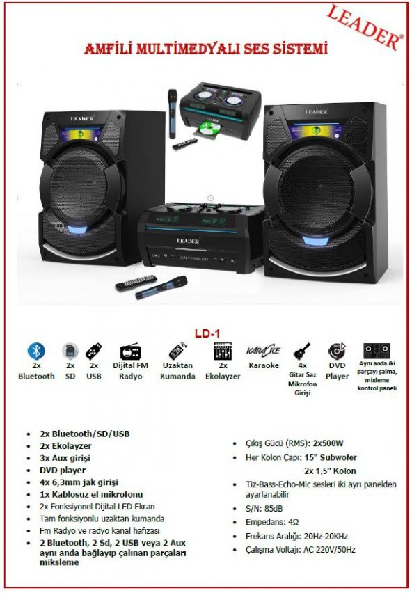 Leader 2+1 Profesyonel Amfili Multimedyalı Mikserli Ses Sistemi LD-1 - Resim 2