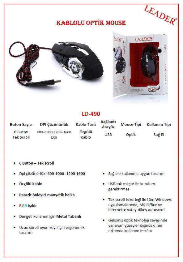 Leader LD-490 Kablolu Optik Oyun Mouse - 3
