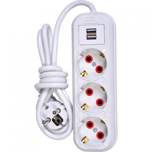 Smart Socket 3lü Grup Priz 2 x USB 1,5 m Kablo Beyaz