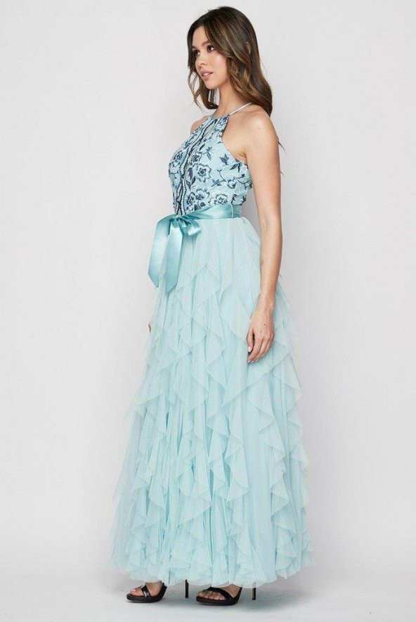 Korseli Fırfırlı Örgü İşlemeli Dantel Abiye Elbise - 2