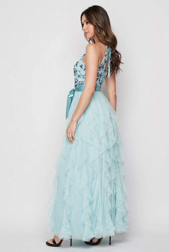 Korseli Fırfırlı Örgü İşlemeli Dantel Abiye Elbise - 3