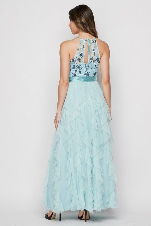 Korseli Fırfırlı Örgü İşlemeli Dantel Abiye Elbise - 4