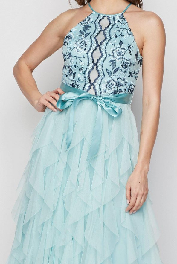 Korseli Fırfırlı Örgü İşlemeli Dantel Abiye Elbise - 5