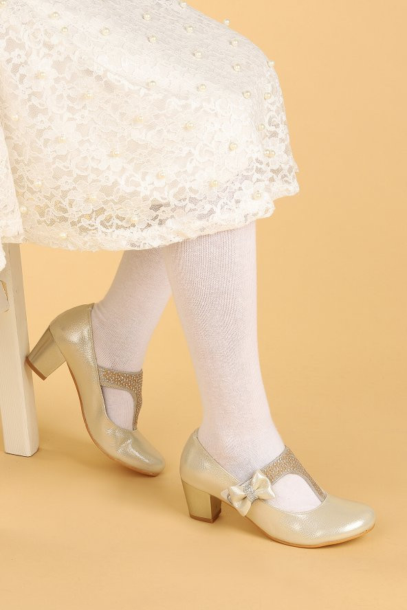 Kiko Kids 755 Vakko Günlük Kız Çocuk 4 Cm Topuklu Babet Ayakkabı Altın