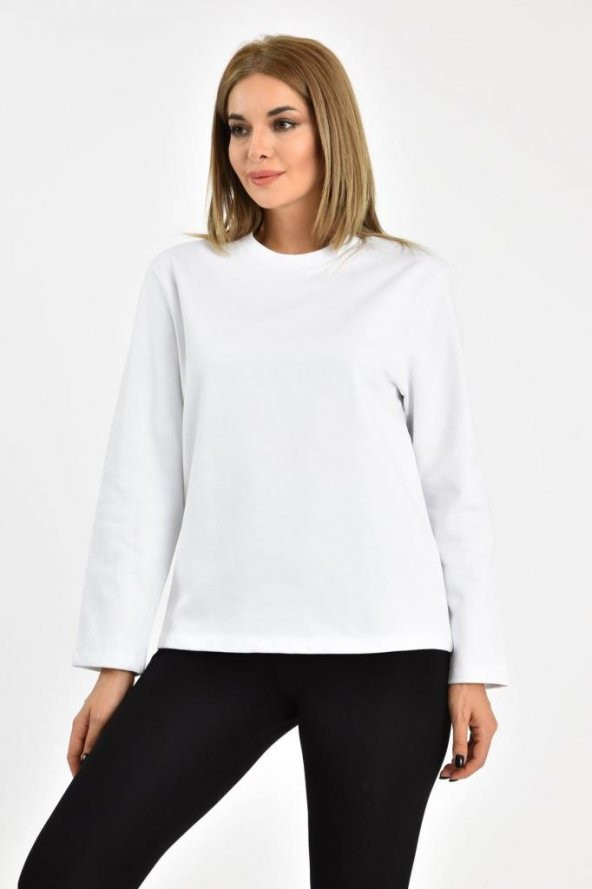 Bisiklet Yaka Uzun Kollu Şardonlu Beyaz Kadın Sweatshirt - 2