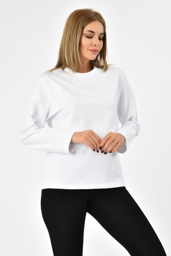 Bisiklet Yaka Uzun Kollu Şardonlu Beyaz Kadın Sweatshirt - 3
