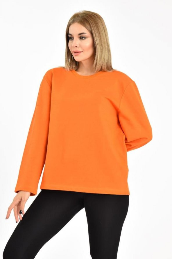 Bisiklet Yaka Uzun Kollu Şardonlu Turuncu Kadın Sweatshirt - 2