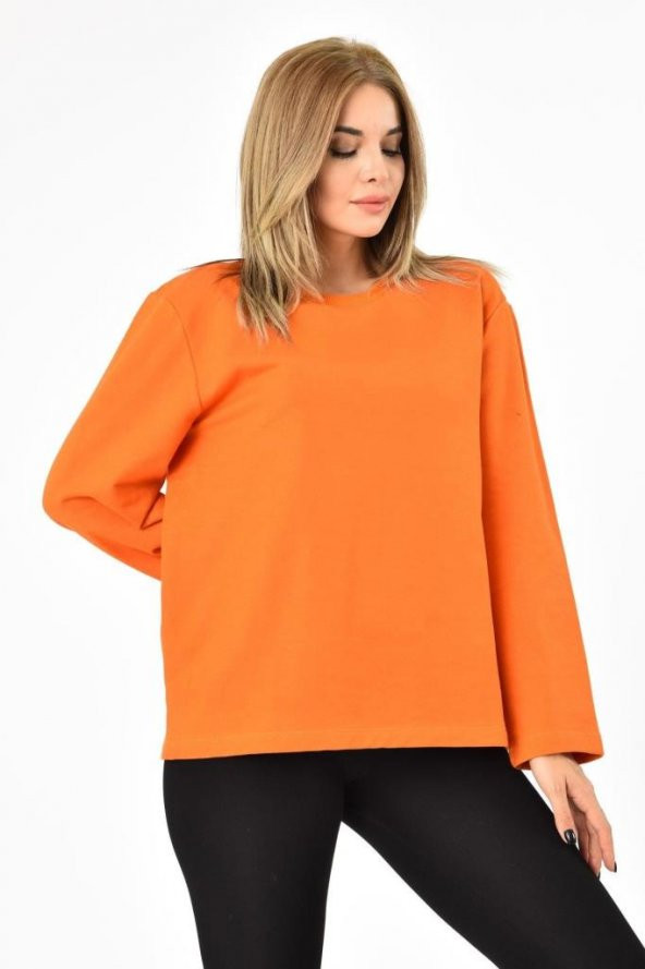 Bisiklet Yaka Uzun Kollu Şardonlu Turuncu Kadın Sweatshirt - 3