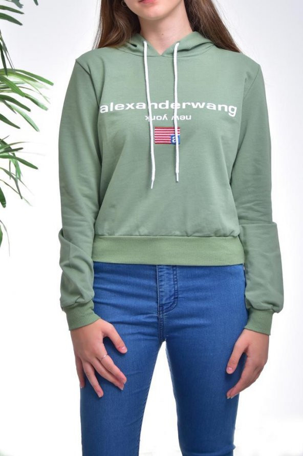 Kulis Kadın Yeşil Yazı Baskılı Kapşonlu Kısa sweatshirt