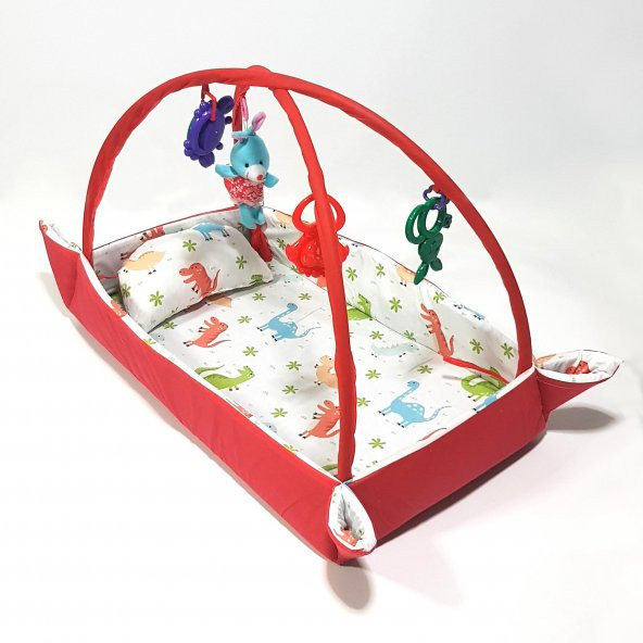 Pamuklu Kumaş Bebek ve Çocuk Oyun Halısı Kırmızı Dinozorlu Model