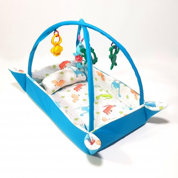 Pamuklu Kumaş Bebek ve Çocuk Oyun Halısı Mavi Dinozorlu Model