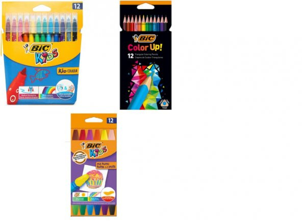 Bic Kids Keçeli Boya Kalemi 12 Renk+Color Up Kuru Boya 12 Renk+ Kuru Boya +Yağlı Pastel