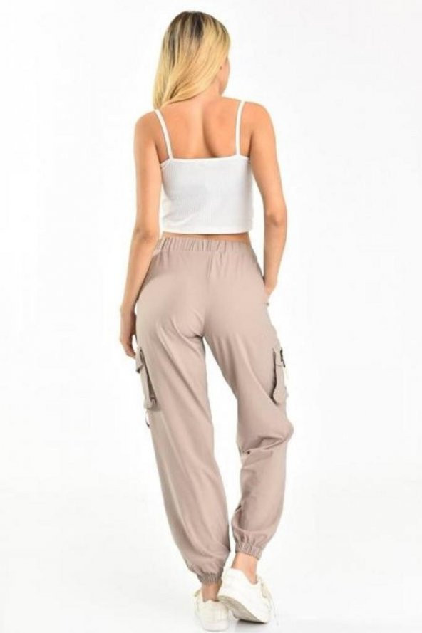 Belden Lastikli Yandan Cepli Taş Kadın Kargo Pantolon - 4