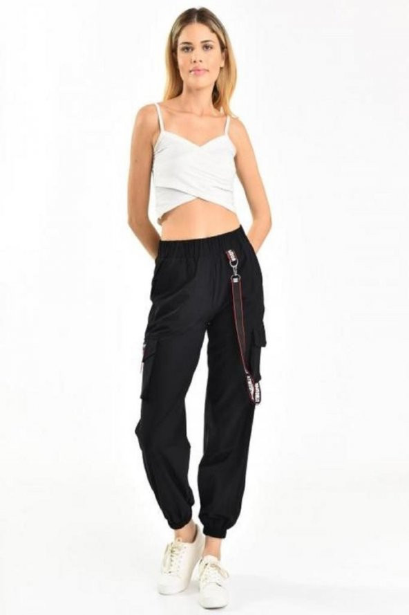 Belden Lastikli Yandan Cepli Siyah Kadın Kargo Pantolon - 2