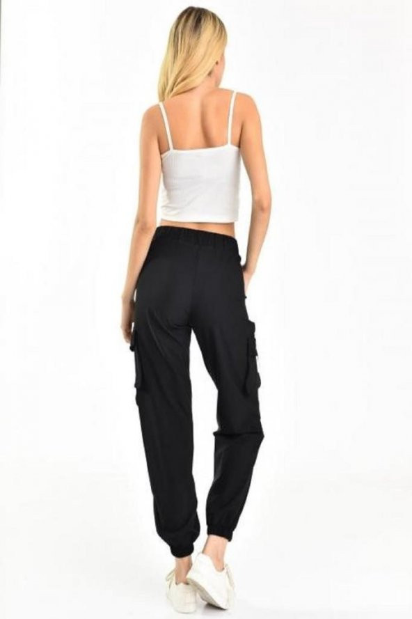 Belden Lastikli Yandan Cepli Siyah Kadın Kargo Pantolon - 4