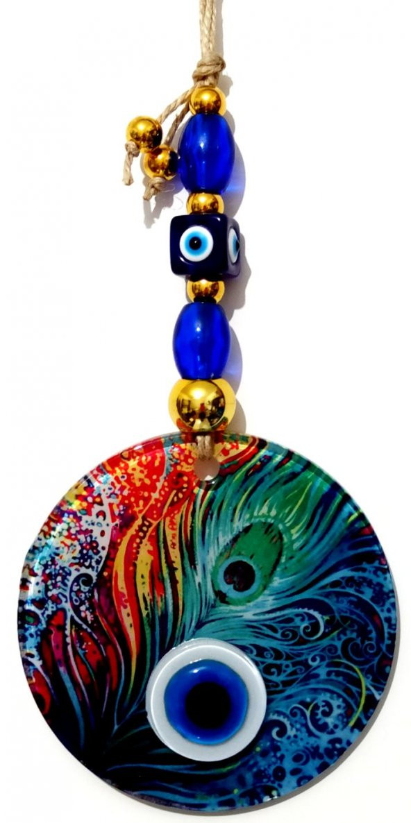 Füzyon Cam Tavus Kuşu Tüyü Desenli 12x12 Cm Nazar Boncuklu 12x30 Cm El Yapımı Duvar Süsü Nazarlık ürün görseli