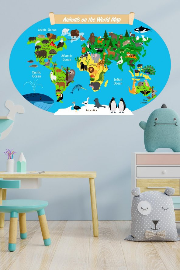 Çocuklar İçin Eğitici İngilizce Dünya Haritası Sticker(70x100cm)