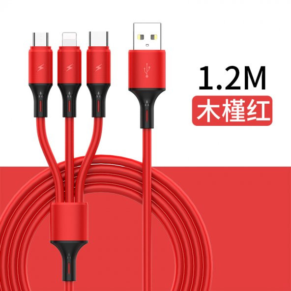 Mars 1.2 Metre Kırmızı 3 Uçlu (Micro USB Type-C Iphone) Şarj Kablosu