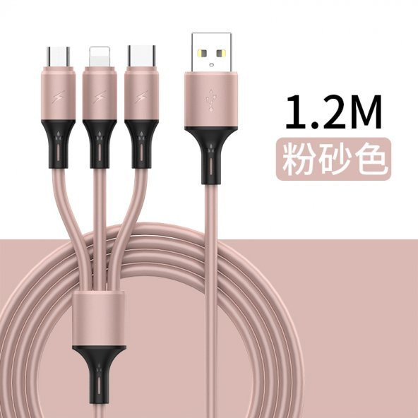 Mars 1.2 Metre Pembe 3 Uçlu (Micro USB Type-C Iphone) Şarj Kablosu