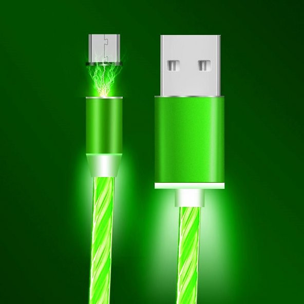 Mars 1 Metre Yeşil LED Akışlı Manyetik Iphone Lightning 2.4A Şarj Kablosu - 2