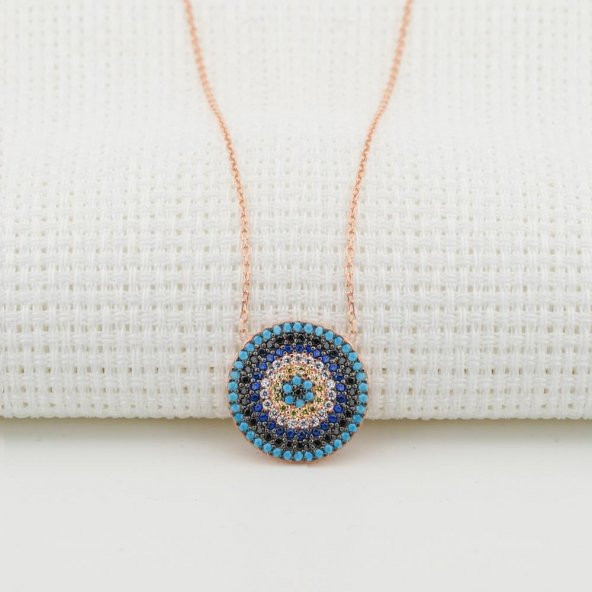 Nazar Tasarımlı Zirkon Taşlı Bayan Rose Gümüş Kolye - Resim 2