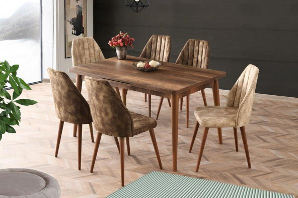 Açılır Salon Masası Takımı Antik Ceviz + 6 Adet Defne Nubuk Sandalye