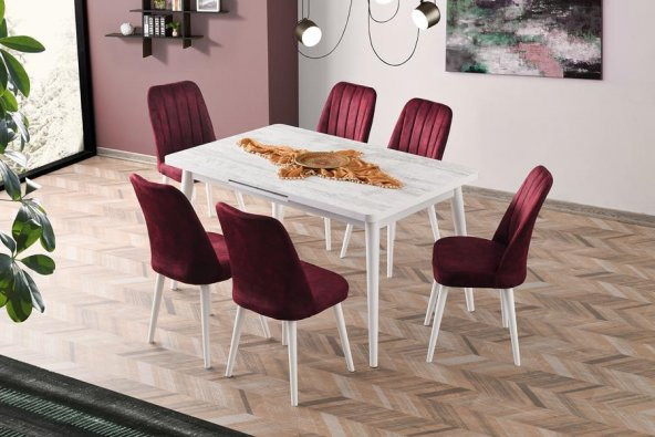 Açılır Salon Masası Takımı Antik Beyaz + 6 Adet Nil Nubuk Sandalye